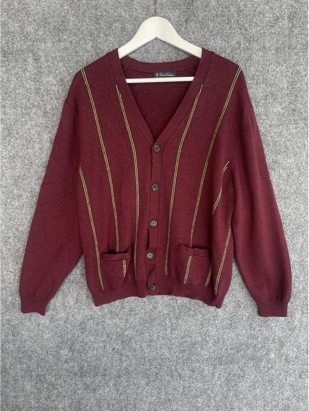Brooks Brothers Mens XL Merino Wool Cardigan Burgundy Striped Button Front